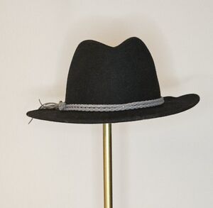 Lucky Brand Black Wool Felt Fedora With Gray Braided Trim